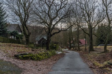 Fototapeta na wymiar Houses in Nemci village in dark grey winter day