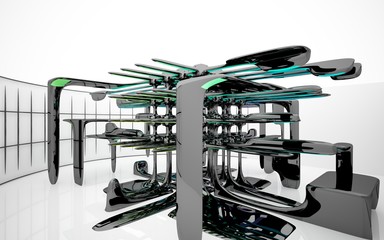 Abstract dynamic interior with brown and colored gradient smooth objects. 3D illustration and rendering