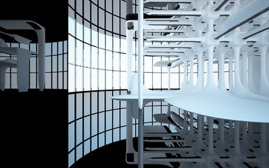 Abstract dynamic interior with white smooth objects and black room . 3D illustration and rendering