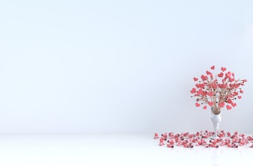 White room of love. Decorated with red heart, tree, red rose and petals. Rooms of Love on Valentine`s Day. Interior design and background. 3D render.