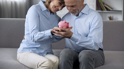 Happy old couple sitting on couch with piggy bank, reliable financial services