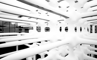 Abstract dynamic interior with white smooth objects and black room . 3D illustration and rendering