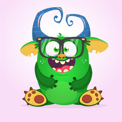 Happy horned monster singing. Halloween  vector illustration.