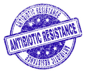 ANTIBIOTIC RESISTANCE stamp seal imprint with grunge texture. Designed with rounded rectangles and circles. Blue vector rubber print of ANTIBIOTIC RESISTANCE title with grunge texture.