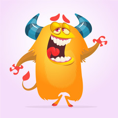 Happy cute cartoon monster singing or talking. Vector illustration
