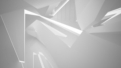 Abstract white interior multilevel public space with neon lighting. 3D illustration and rendering.