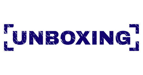 UNBOXING title seal print with distress texture. Text title is placed between corners. Blue vector rubber print of UNBOXING with scratched texture.