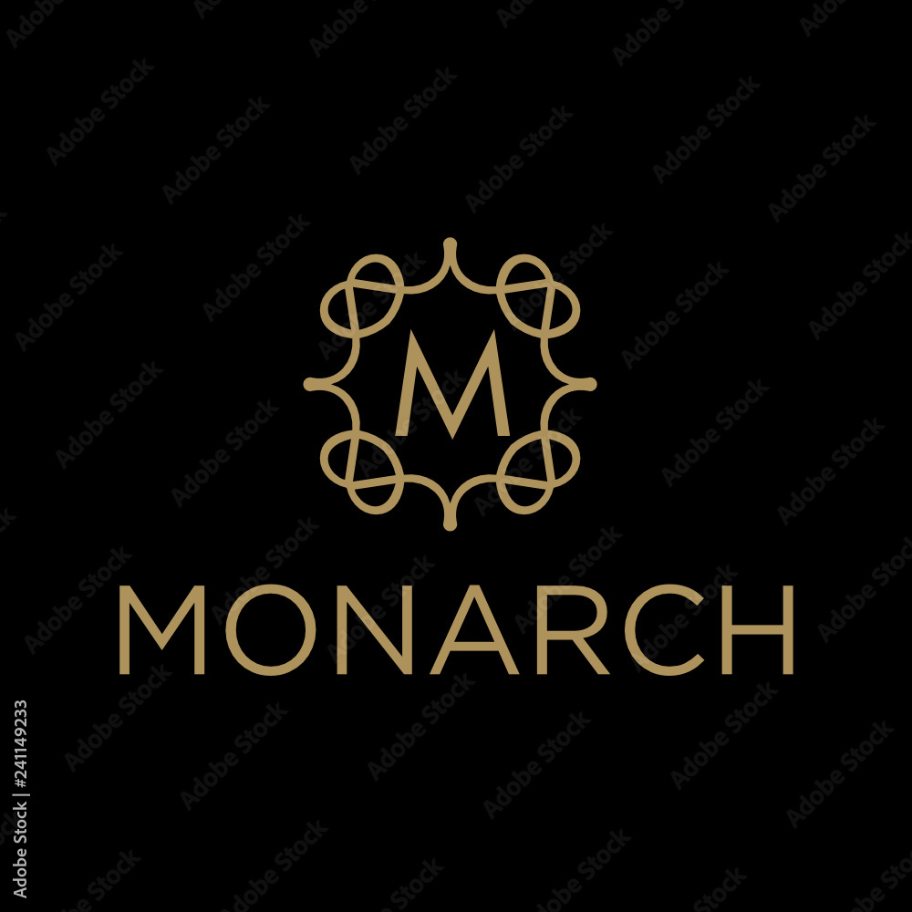 Poster premium linear shield monogram letter m logotype. elegant crest leaf stamp icon vector logo. luxury 