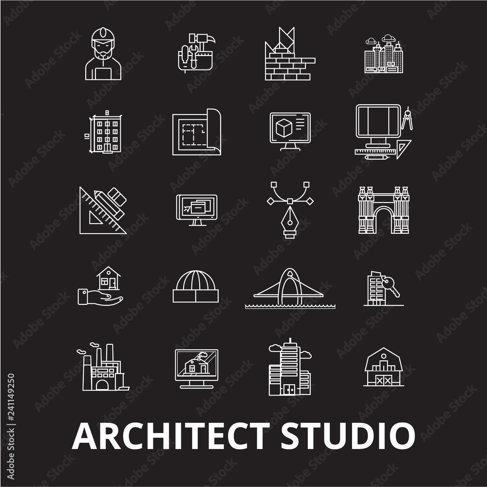 Poster architect studio editable line icons vector set on black background. architect studio white outline 