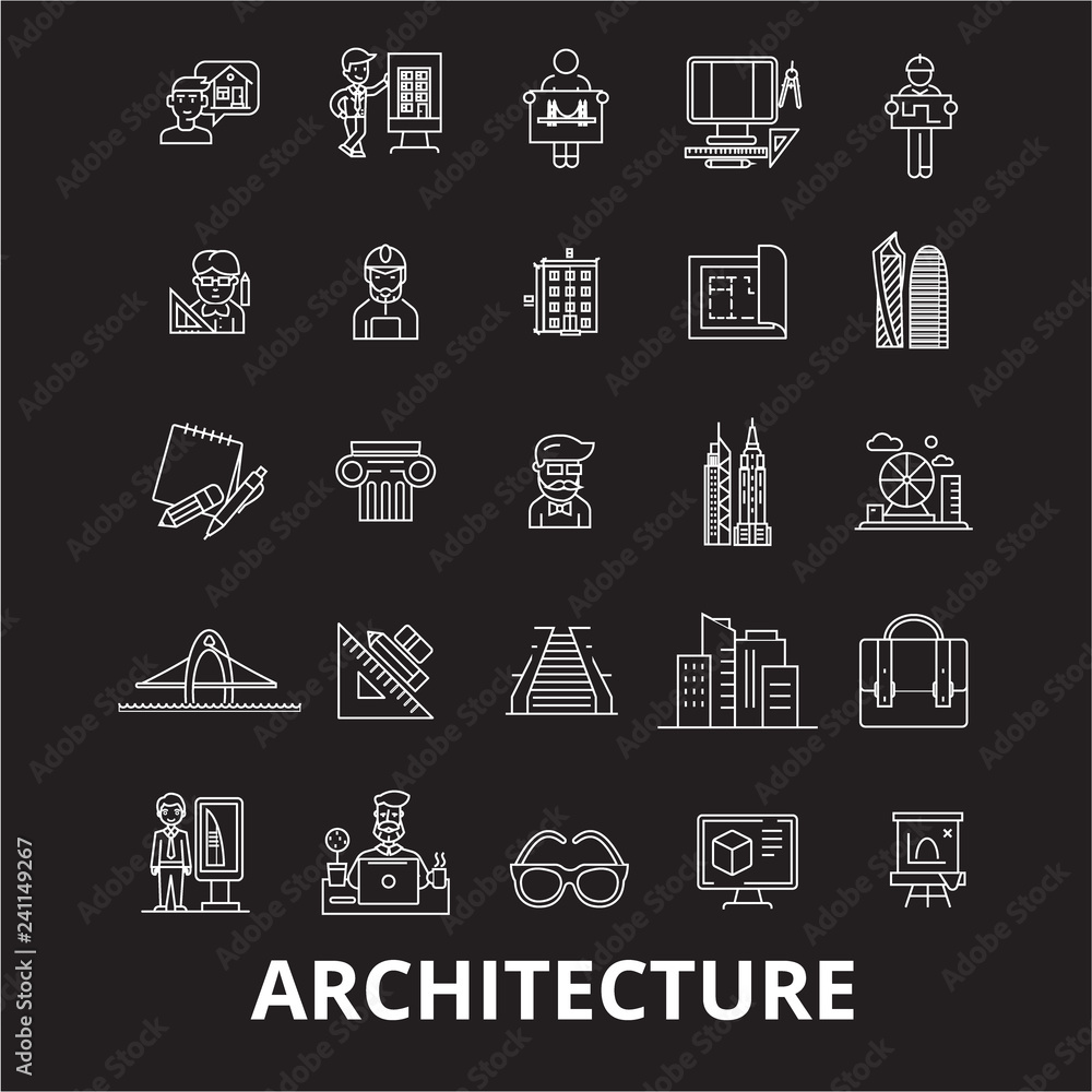 Poster architecture editable line icons vector set on black background. architecture white outline illustra