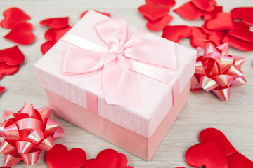 pink gift box with textile heart shapes