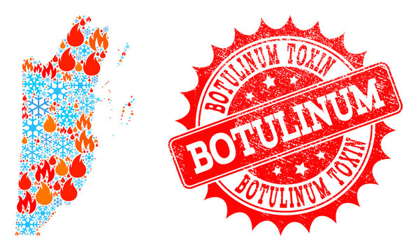 Composition of winter and fire map of Belize and Botulinum Toxin grunge stamp seal. Mosaic vector map of Belize is composed with winter and fire icons. Botulinum Toxin stamp has red color,