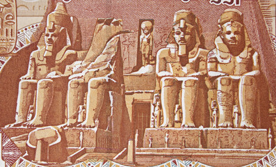 Great Temple of Abu Simbel on Egyptian one pound banknote, 1 EGP, Egypt money currency close up.