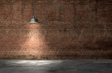 An interior with a red brick wall and concrete floor and a lamp. 3d render