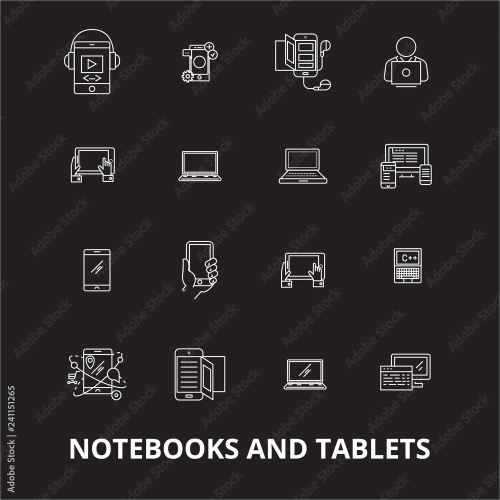 Poster notebooks and tablets editable line icons vector set on black background. notebooks and tablets whit