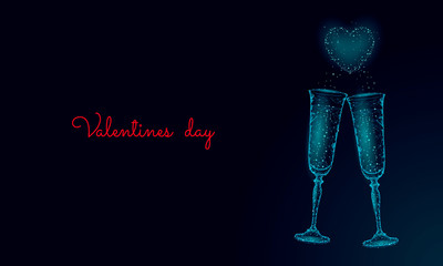 Two glasses of champagne with sparkles. Low poly polygonal blue glowing toasting romantic love date. Heart shape tender dating chin-chin couple Valentine day vector illustration