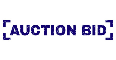 AUCTION BID tag seal print with grunge texture. Text tag is placed between corners. Blue vector rubber print of AUCTION BID with scratched texture.