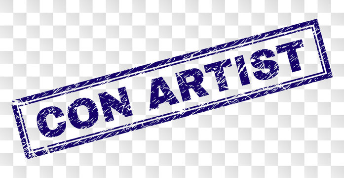 CON ARTIST stamp seal print with rubber print style and double framed rectangle shape. Stamp is placed on a transparent background. Blue vector rubber print of CON ARTIST caption with grunge texture.
