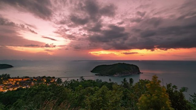 Aerial view of beautiful sea island with blue sea and sunset sky background at Island. Timelapse 4K