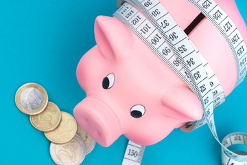 Investments and metering or counting idea. Ceramic toy pig with white flexible ruler on blue...