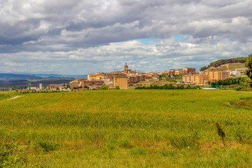 Fototapeta na wymiar Scenic overcast view of Viana in Navarre, Spain on the Way of St. James with wheat field in the foreground