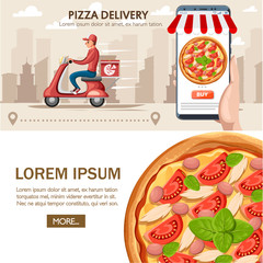 Pizza courier on red retro scooter. Delivery man, delivery service on mobile app. Online food restaurant. Flat vector illustration with city landscape. Website page and mobile app design