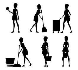 Black silhouette. Collection of maids in french outfits. Hotel staff engaged in performance of service duties. Chambermaid cleaning floor with mop. Vector illustration isolated on white background