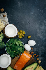 KETOGENIC DIET. Low carbs hight fat products. Healthy eating food, meal plan protein fat. Healthy nutrition. Keto lunch. Ketogenic diet breakfast.