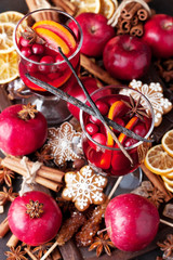 Christmas still life with glass of mulled wine