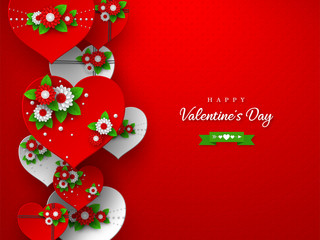 Valentines day holiday banner. 3d paper cut red and white hearts with flowers on spotted background. Vector illustration.