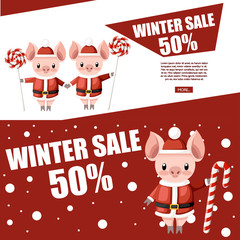 Happy pigs in santa outfit with lollipops. Winter sale, special discount. Web site page and mobile app design. Holidays shopping. Cartoon character design. Flat vector illustration on white background