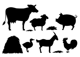 Black silhouette. Animal farm set with stack of hay. Domestic animal collection. Cartoon animal design. Flat vector illustration isolated on white background