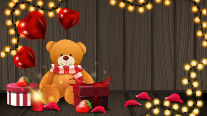 Obraz na płótnie Canvas Horizontal Valentine's Day discount banner with Teddy beer and gifts