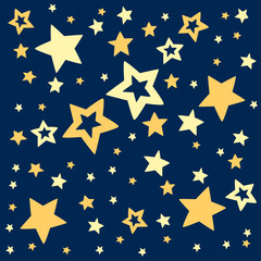 Obraz premium Golden stars on dark blue sky background. Pattern with sky. Festival decor. Flat vector illustration