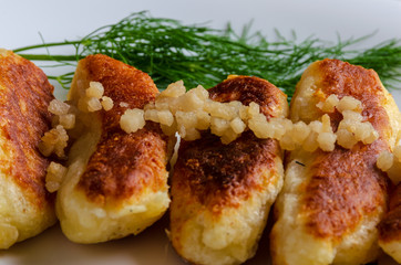 Breaded cheese and kefir sticks served in white plate. Made from cheese, flour and kefir. Close up.