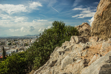 park outdoor rocky mountain outskirts picturesque landscape foreground with mountain background from above