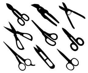 Black silhouette. Collection of different scissors models. Hand cutter tools, equipment shears for hair stylist,gardening, medical. Flat vector illustration isolated on white background