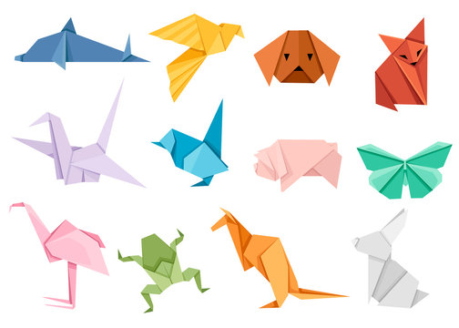 Origami japanese animal set. Modern hobby. Flat vector illustration isolated on white background. Colorful paper animals, low polygonal design