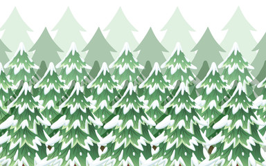 Green spruce landscape. Collection of green spruce trees. Evergreen flat style. Christmas tree in the snow. Vector illustration on white background
