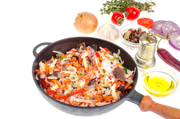 Frozen vegetables in apan, spices for cooking