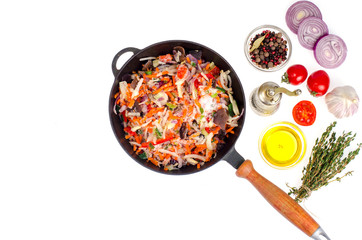 Frozen vegetables in apan, spices for cooking