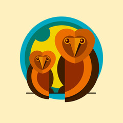 Two owls logo sitting on a branch of the flat icon . Vector