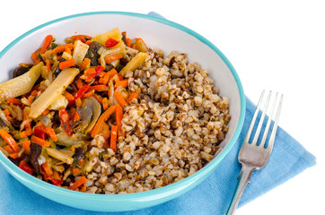 Food without meat. Buckwheat porridge with vegetables