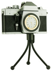 old movie camera on tripod with clock