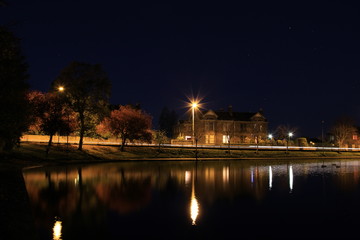 Night sky next to a pond