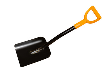 Steel scoop shovel with plastic handle isolated on white background