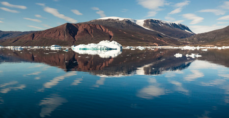 floating icebergs among Greenlands fjord system in summer