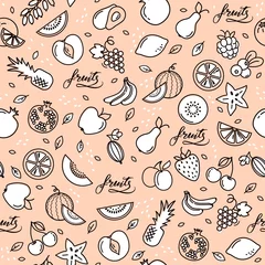 Poster Seamless pattern with fruits. Vector hand drawn illustration. © Liudmyla Klymenko