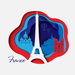 France 3d paper cut background. Abstract Shapes with Tourist Attractions in France in red and blue colors.
