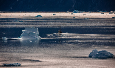 arctic landscape with classic sailing ship and icebergs among east Greenland fjords